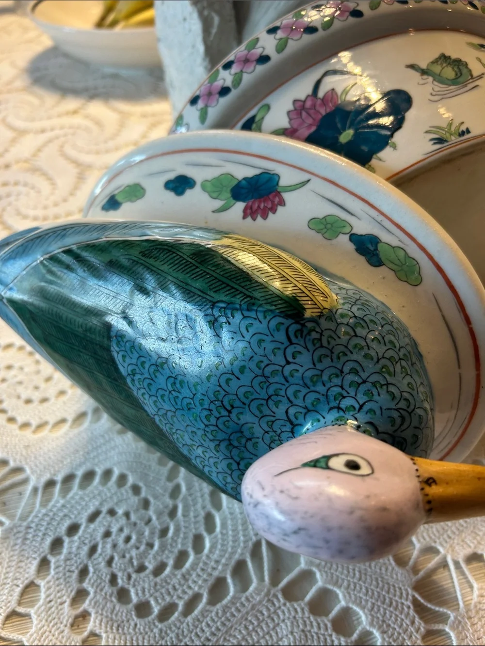 Hand-Painted Ceramic Duck Covered Dish in Teal and White Vintage item